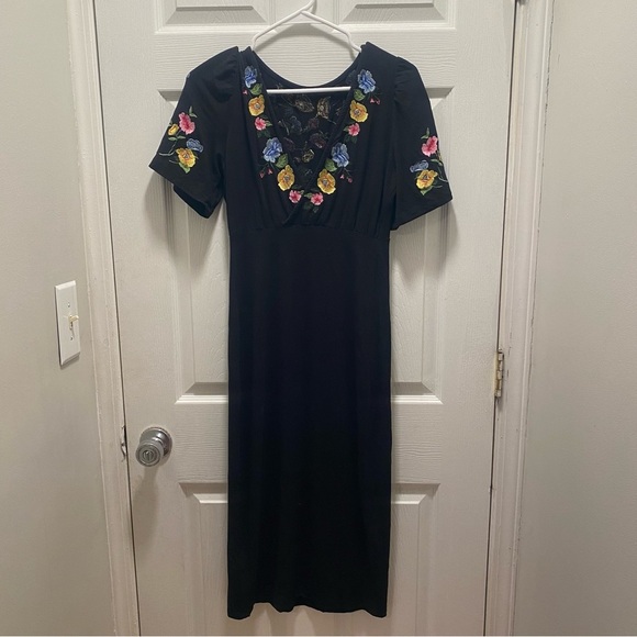 ASOS womens black floral embroidered surplice open back midi dress - Picture 5 of 6